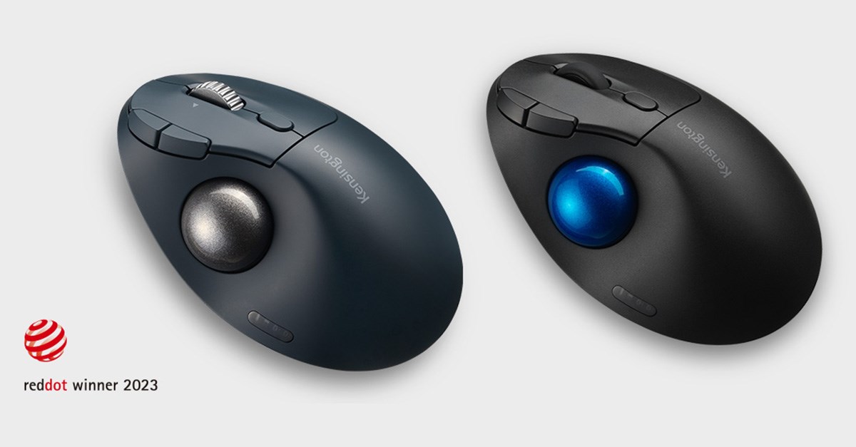 Two new Kensington trackballs, TB450 and TB550, with the Red Dot Award logo on a grey backdrop.