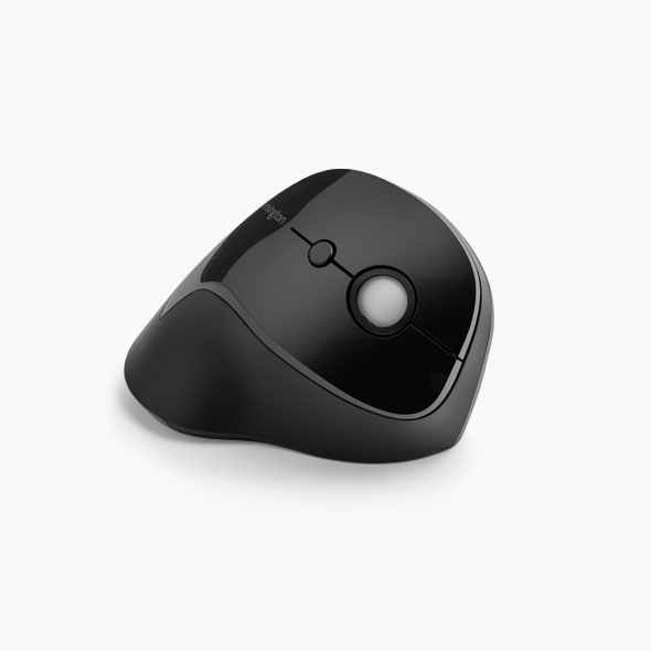 Ergonomische toetsenborden en muis met een close-up van de Kensington Pro Fit® Ergo Vertical Wireless Mouse in grijs.