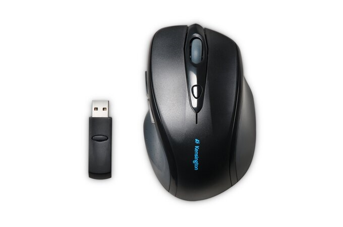 Kensington's Pro Fit Full-Size Wireless Mouse's front image with USB Receiver on the left side.