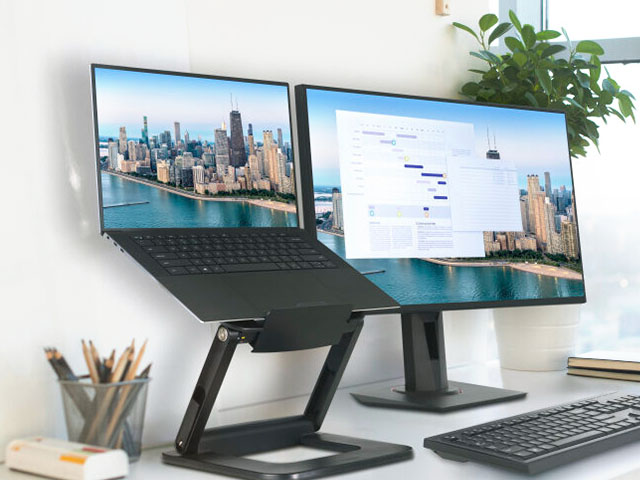Laptop risers to improve posture for hybrid and hot-desking staff