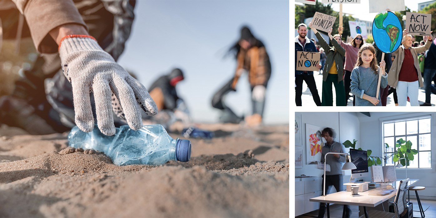 Collage of people being environmentally friendly