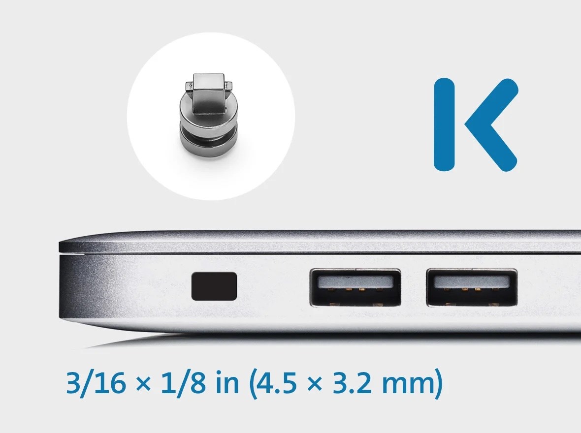Comparison of three laptop security slots: Standard (K slot) measuring 1/4 × 1/8 in (7 × 3 mm), Nano slot measuring 3/16 × 1/16 in (6 × 2.5 mm), and Wedge-Shaped slot measuring 3/16 × 1/8 in (4.5 × 3.2 mm). Each slot is shown on the side of a laptop, illustrating their size and shape differences.