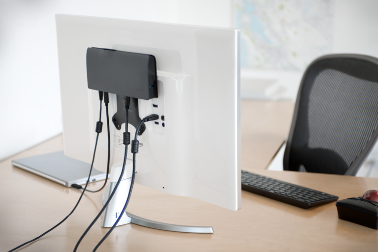 A Desktop monitor with an attached USB-C docking station