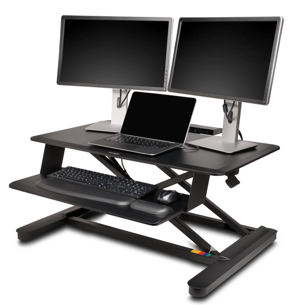 Dual monitors and a laptop on a Kensington SmartFit Sit/Stand Workstation