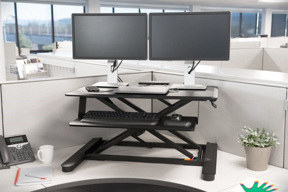 A dual monitor setup on a Kensington SmartFit® Sit/Stand Desk