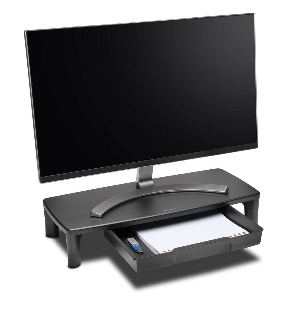 Desktop monitor paired with a Kensington monitor stand with drawer