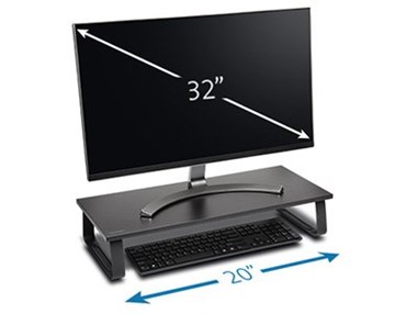 Desktop monitor paired with a Kensington monitor stand with a keyboard underneath 