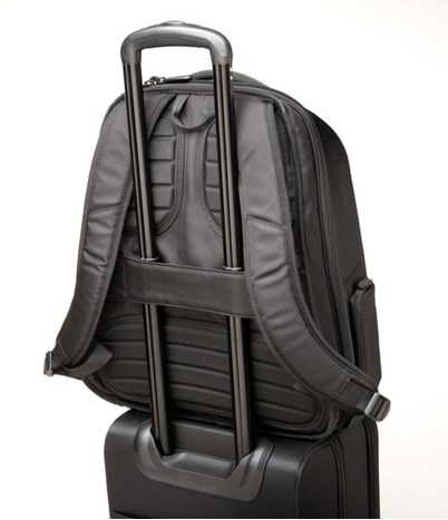 A Kensington laptop backpack attached to a suitcase with the 