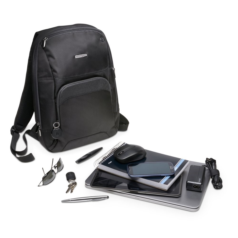 A Kensington Triple Trek™ Ultrabook™ laptop backpack with several tech items beside it