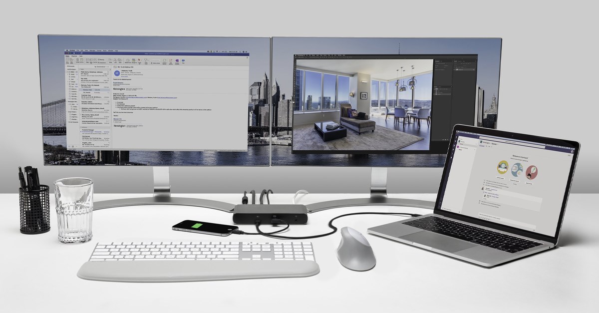 Dual monitor and laptop setup connected with a docking station
