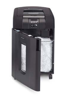 A Kensington paper shredder with the waste bin door ajar