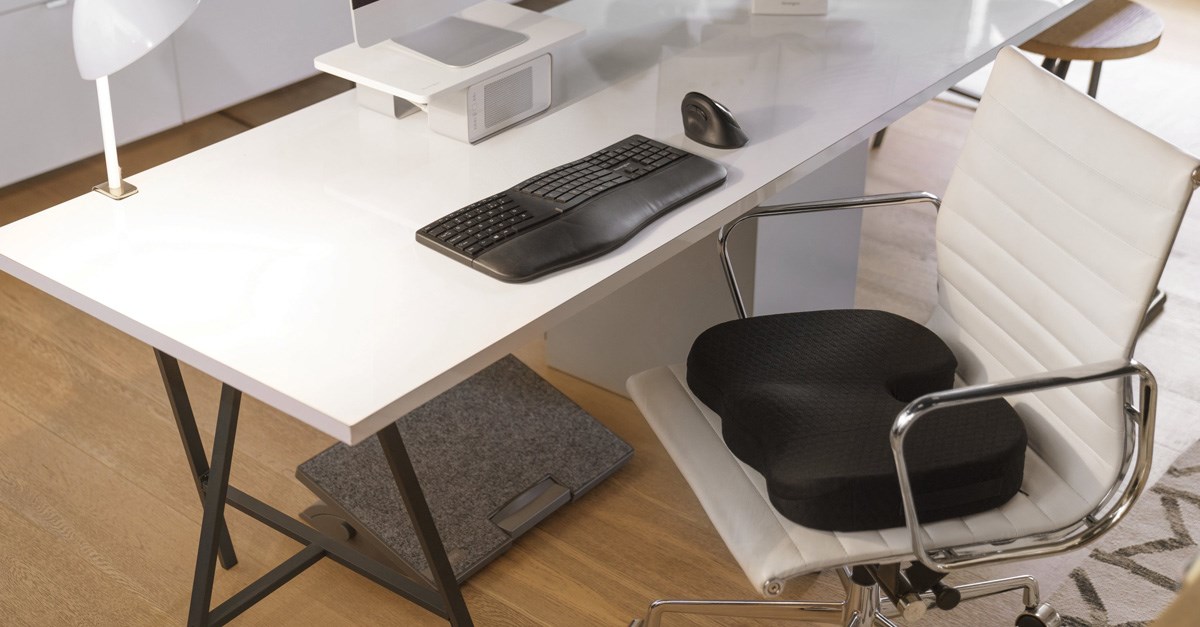 Home office setup with a Kensington premium cool-gel seat cushion