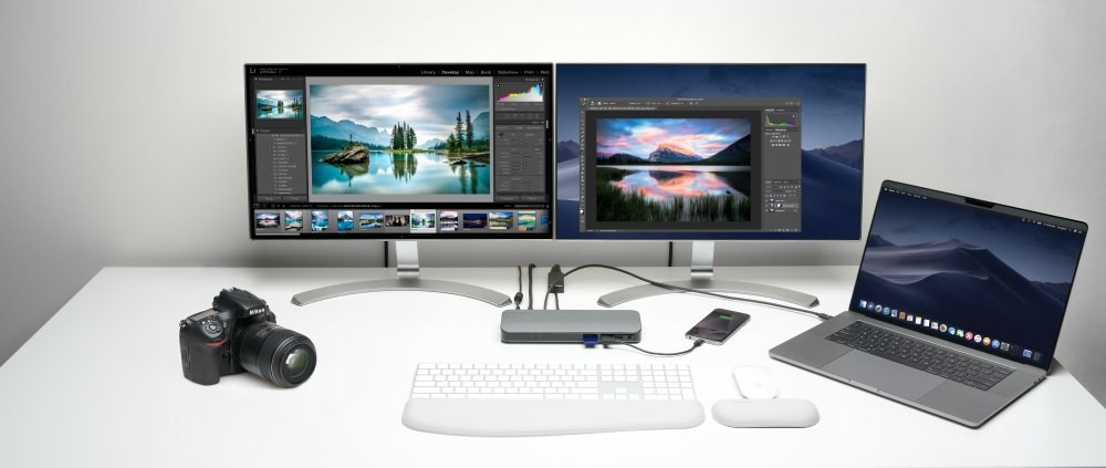 A dual monitor and laptop set up connected to a Thunderbolt™ 3 docking station 