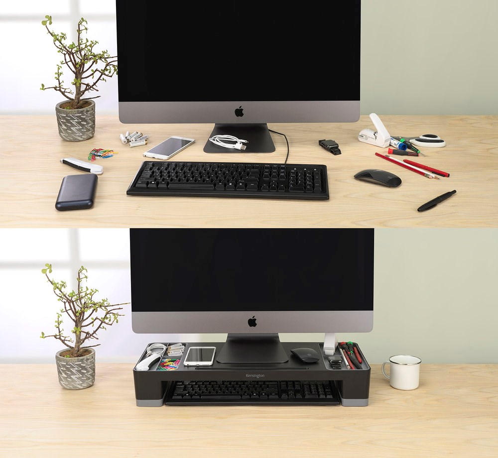 A comparison photo of two desktops, one organized with a Desktop riser 