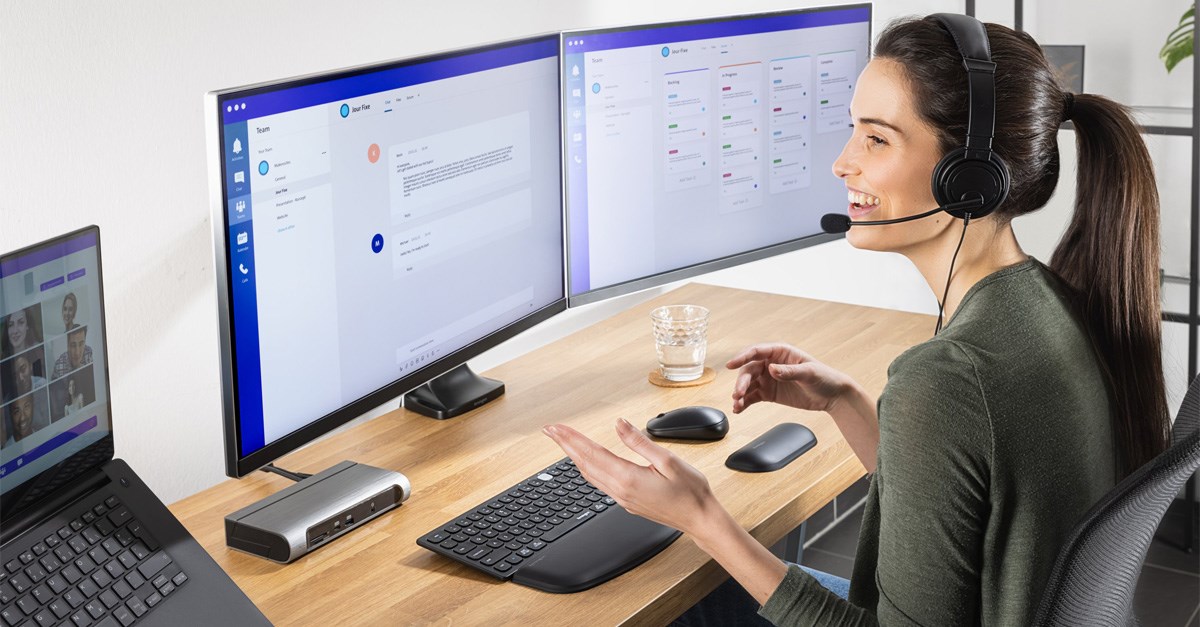 Woman working in home office with Kensington ergonomic products