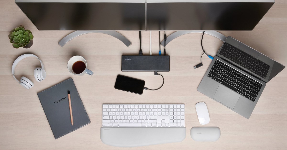 Overhead view of desk with Kensington docking station