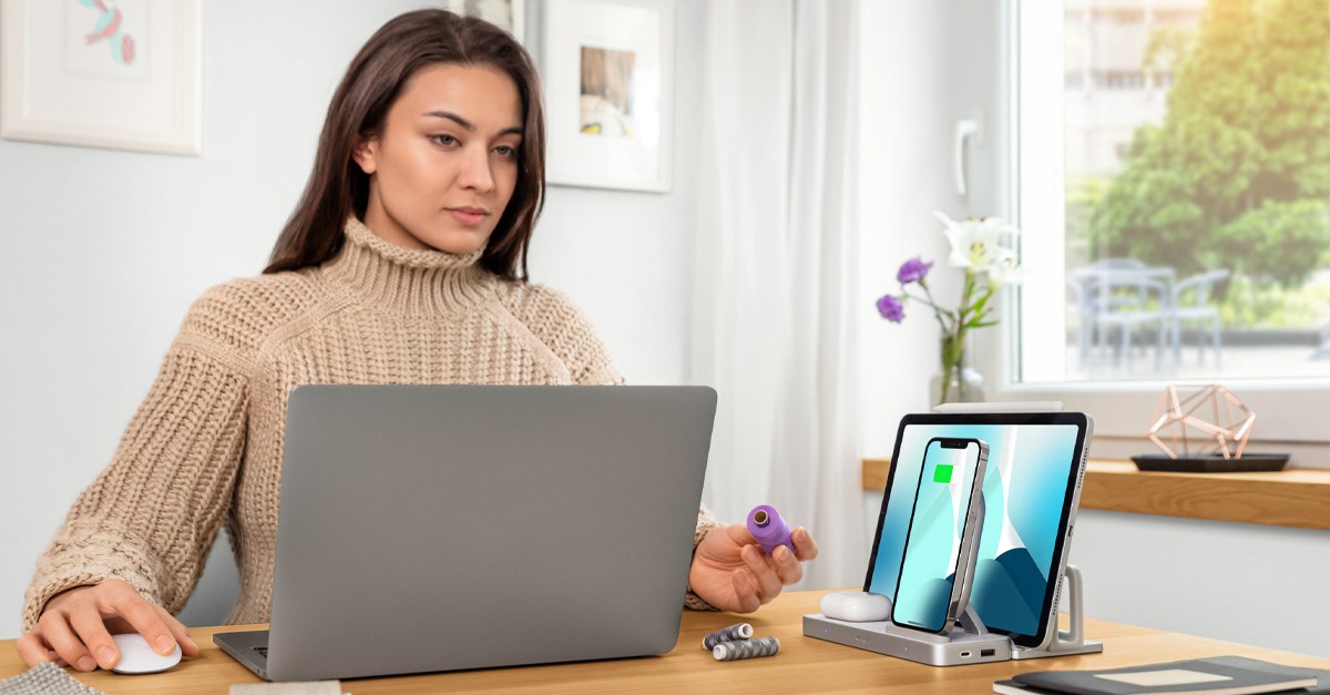 Woman using StudioCaddy in home office