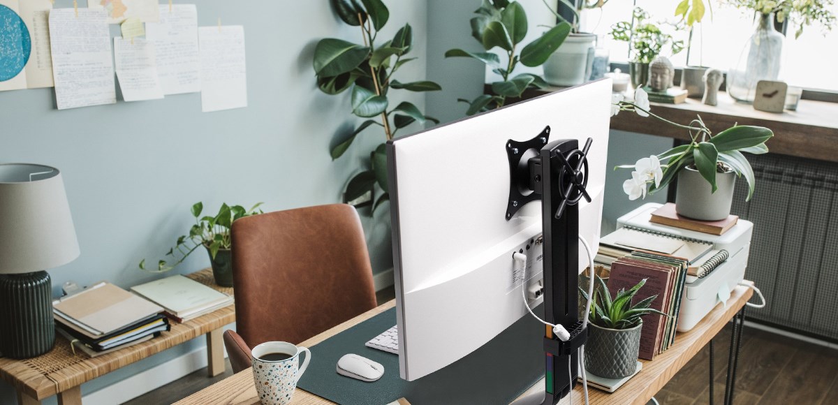 Home office desk with Kensington products and plants 