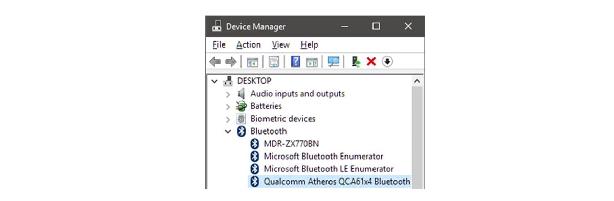 Screenshot of Device Manager window with Bluetooth branch expanded.