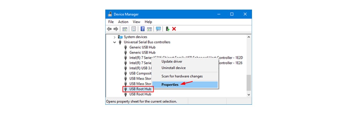 Screenshot of Device Manager window with Universal Serial Bus controllers.