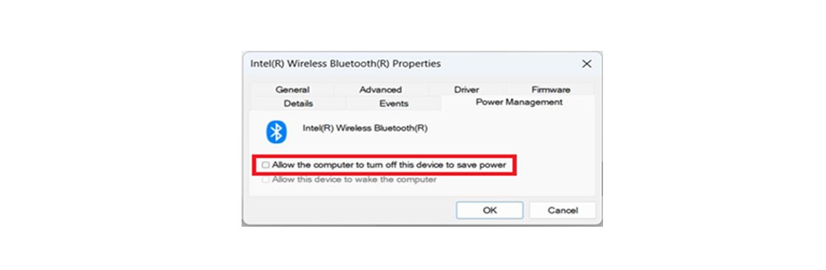 Screenshot of Intel Wireless Bluetooth Properties window with checkbox for “Allow the computer to turn off this device.