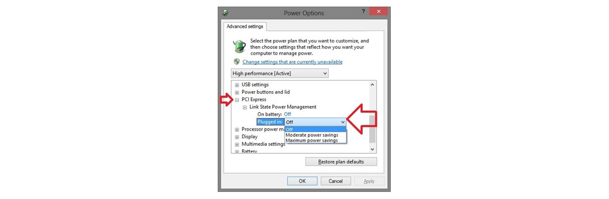 Screenshot of Power Options window with Advanced settings tab showing PCI Express branch expanded.