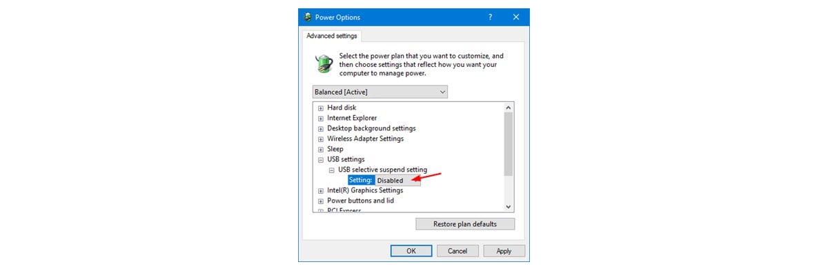 Screenshot of Power Options window with Advanced settings tab showing USB settings branch expanded.
