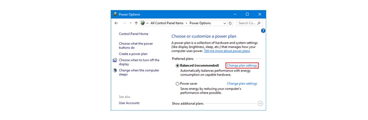 Screenshot of Power Options window with red box highlighting the “Change plan settings”.