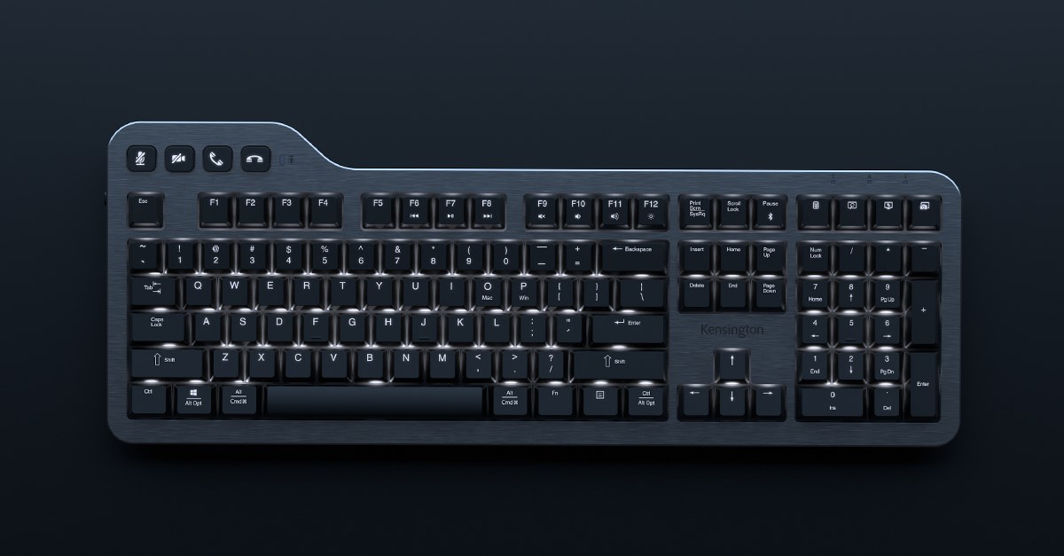 MK7500F QuietType™ Pro Silent Mechanical Keyboard on a black background with key lights on.