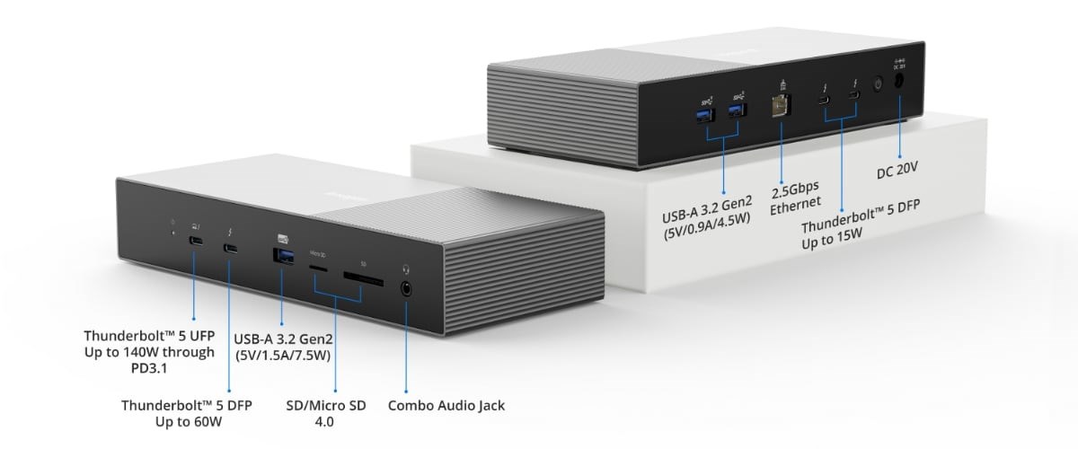 Kensington Thunderbolt™ 5 docking stations showing front and rear ports.