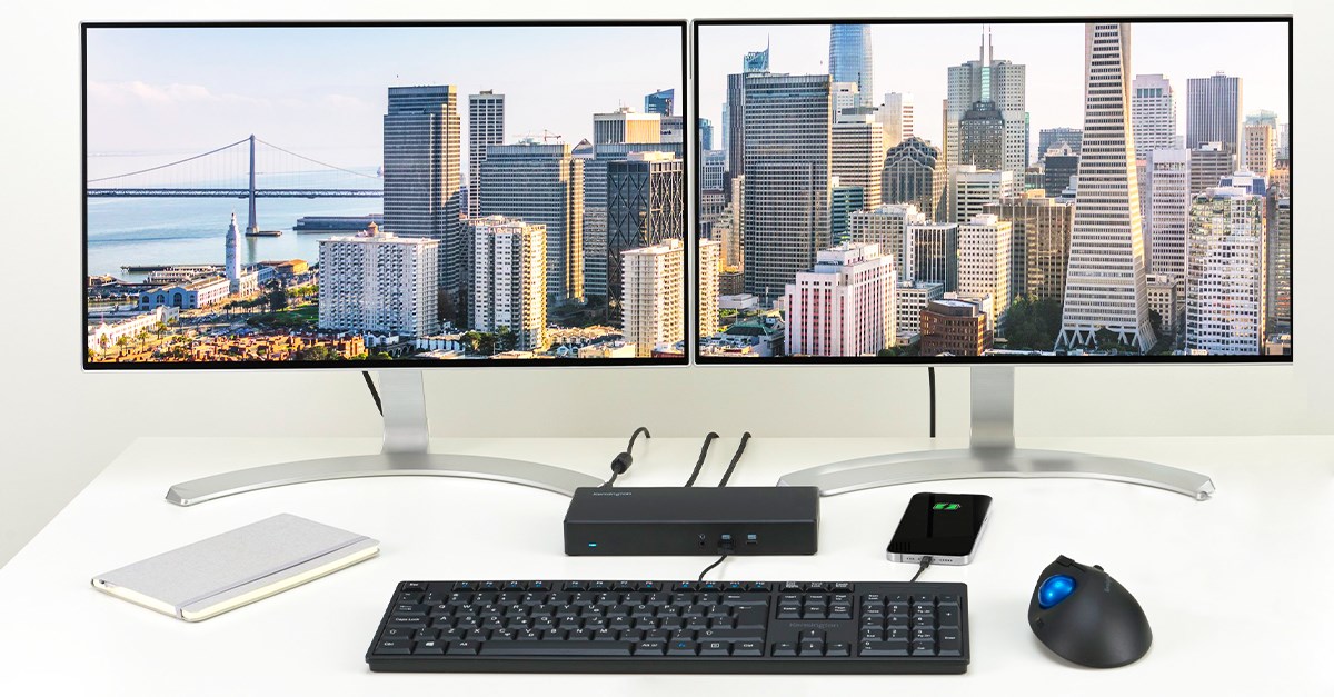 Kensington SD4790P docking station connected to dual monitors.