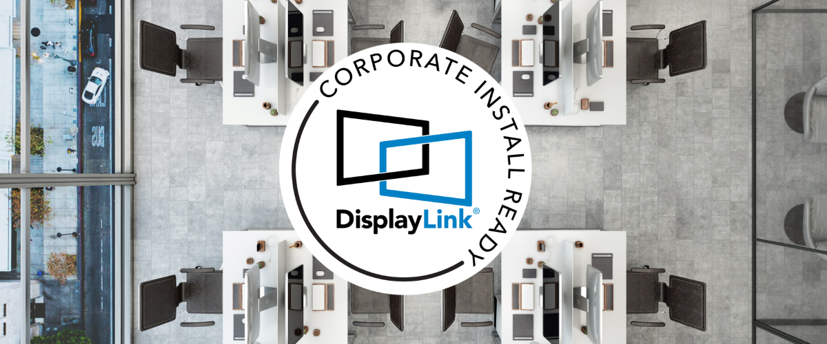 Overhead view of a modern office with desks and monitors, featuring the DisplayLink logo.