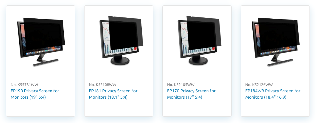 Four Kensington privacy screens displayed for monitors of different sizes and aspect ratios. From left to right: 1. FP190 Privacy Screen for Monitors (19'' 5:4), No. K55781WW; 2. FP181 Privacy Screen for Monitors (18.1'' 5:4), No. K52108WW; 3. FP170 Privacy Screen for Monitors (17'' 5:4), No. K52105WW; 4. FP184W9 Privacy Screen for Monitors (18.4'' 16:9), No. K52126WW. Each screen is shown mounted on a monitor with a darkened display to illustrate the privacy effect.