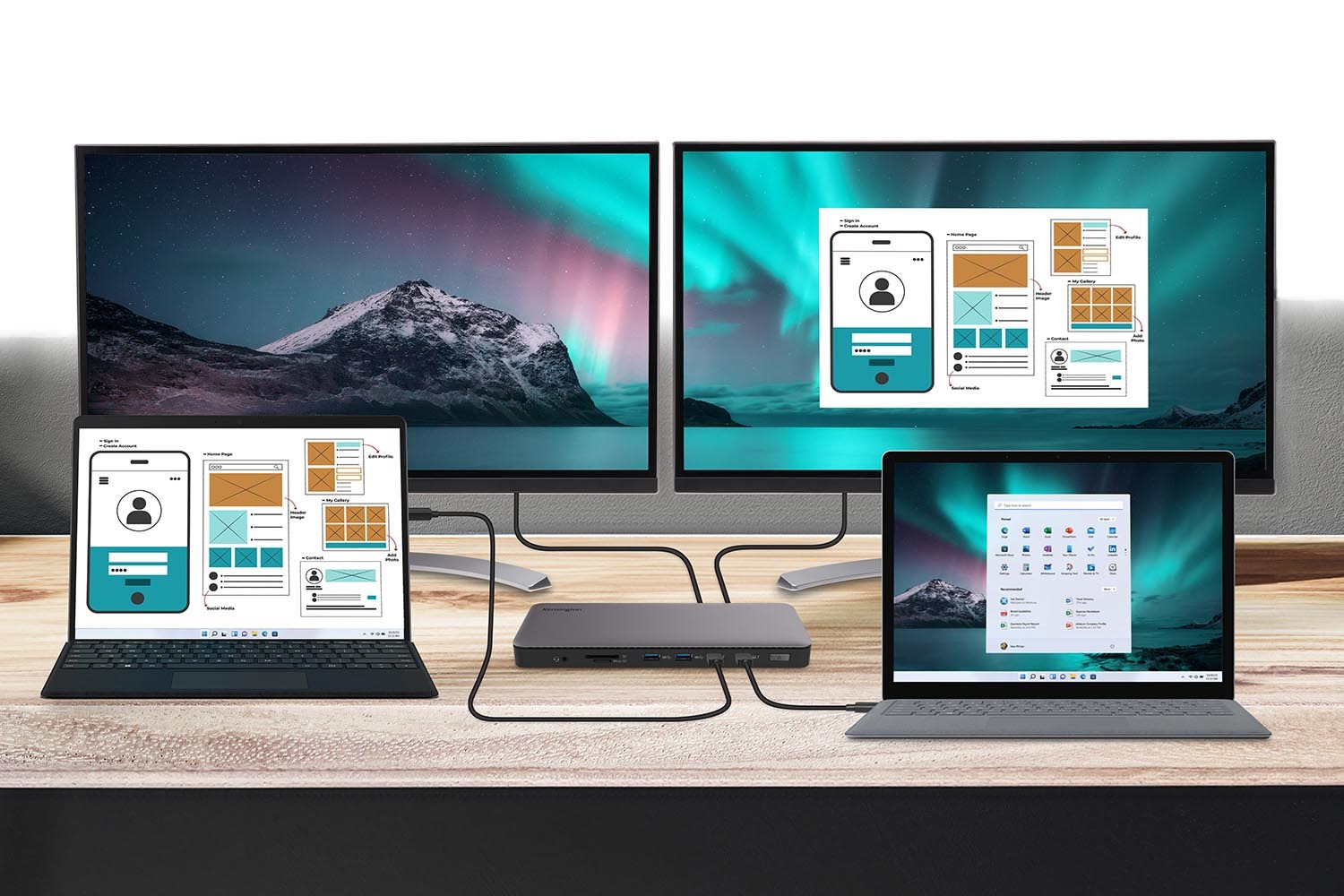 : Dual monitors and two laptops connected through a docking station, displaying UI design layouts and a Windows desktop.