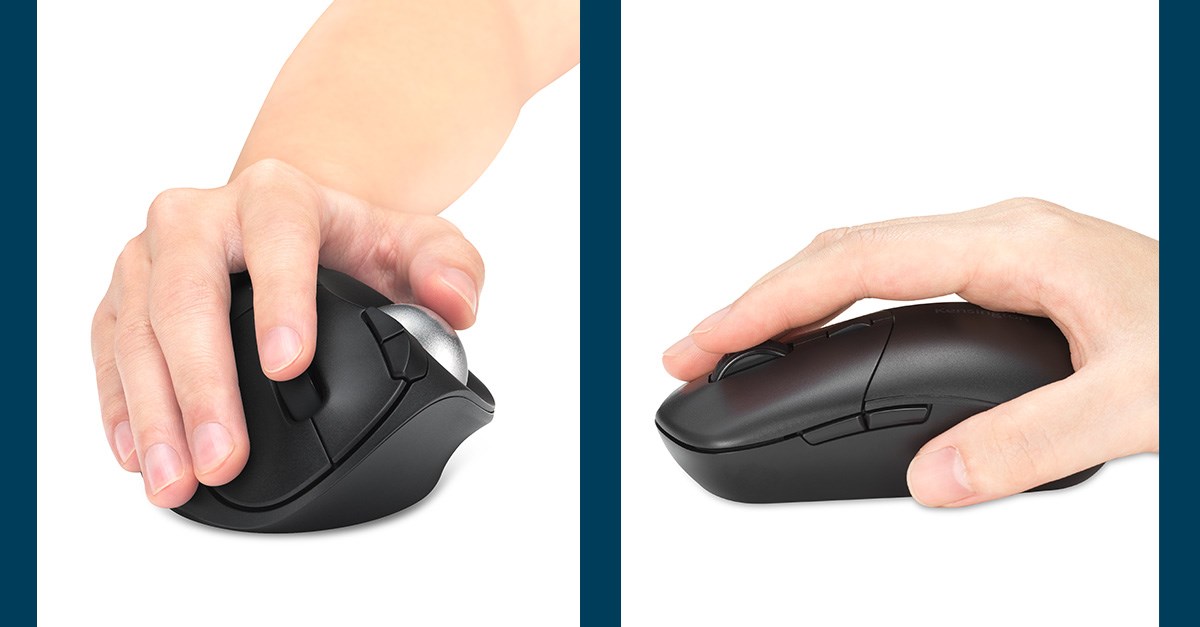 Side-by-side comparison of two computer mice. On the left, a hand holds a thumb-operated trackball mouse. On the right, a hand rests on a traditional mouse.