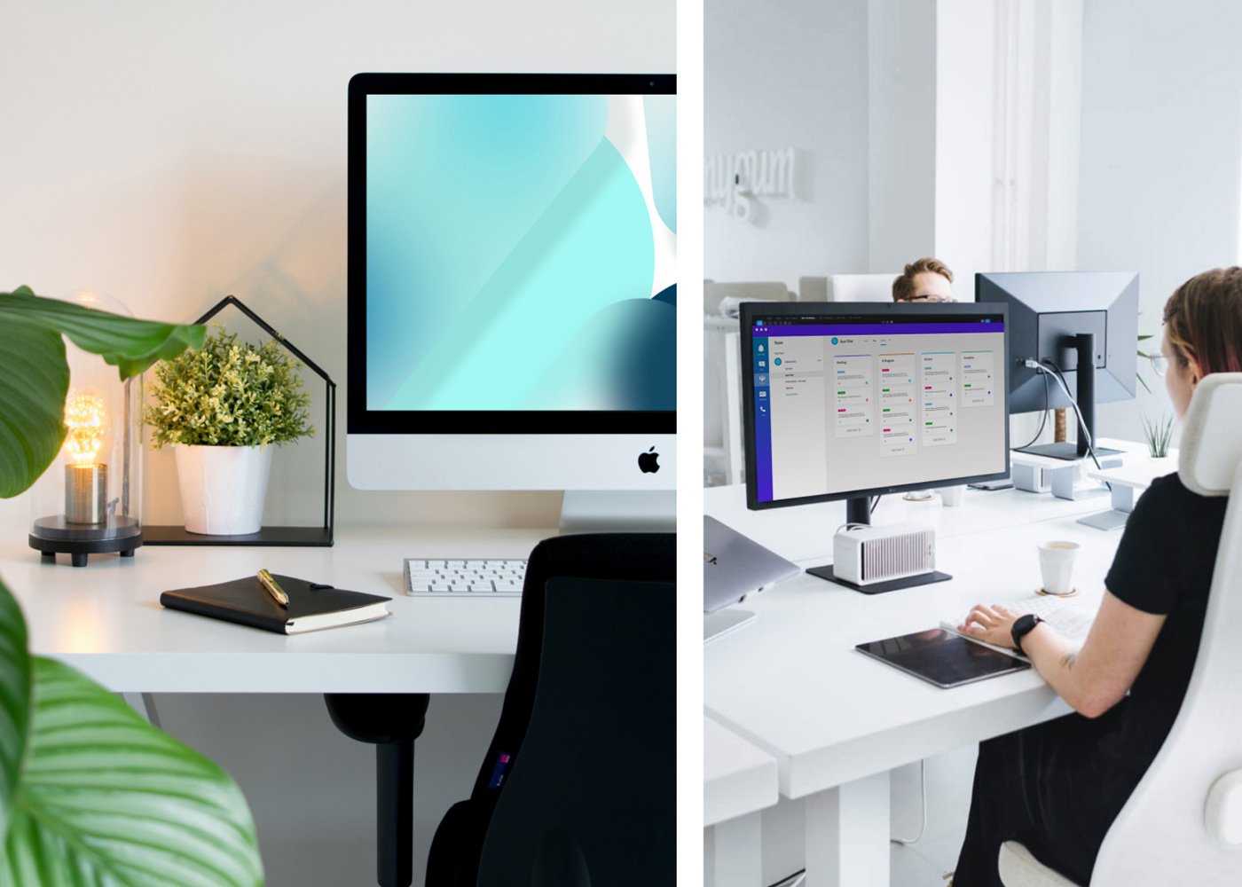 Home desk decorated with plants, warm light and kensington products and woman working in an office with white light and formal atmosphere.