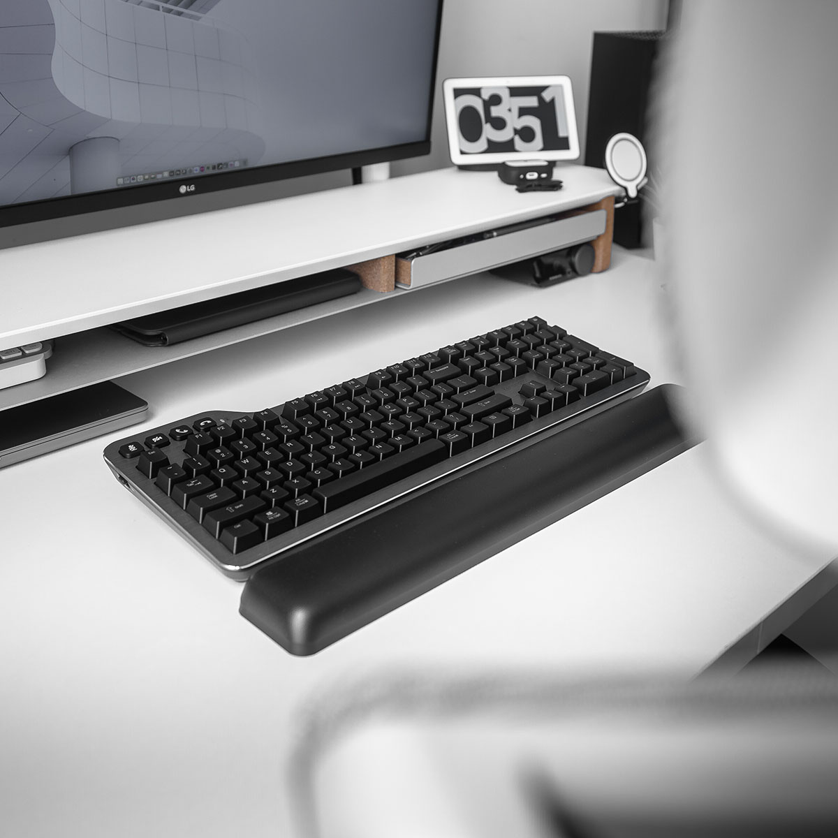 Side view of Cam DiCecca's desk with a Kensington Mechanical Keyboard