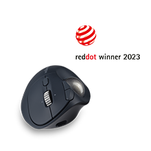 Front view of a trackball with the reddot winner 2023 badge.