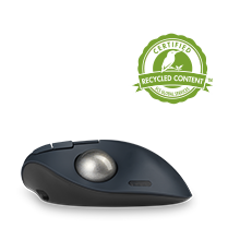 Side view of a trackball with the Recycled content badge.