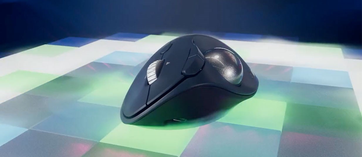 Side view of a trackball on multicolored squares.