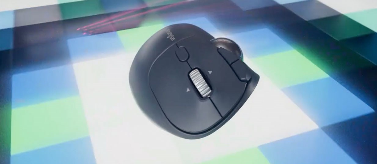 Side view of a trackball on multicolored squares.