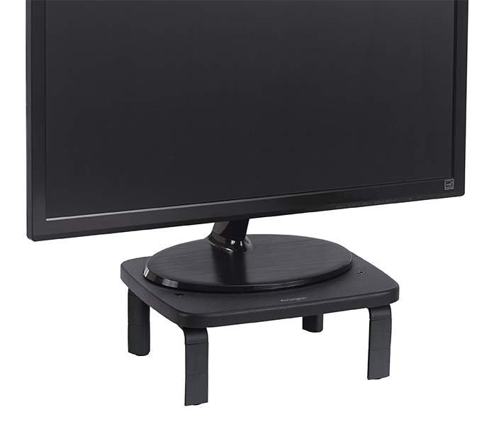 Piccolo supporto per monitor regolabile in altezza nero su sfondo bianco