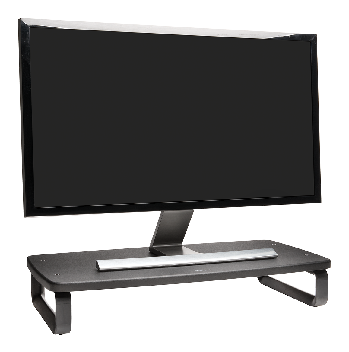 Supporto per monitor extra largo regolabile in altezza nero con monitor su sfondo bianco