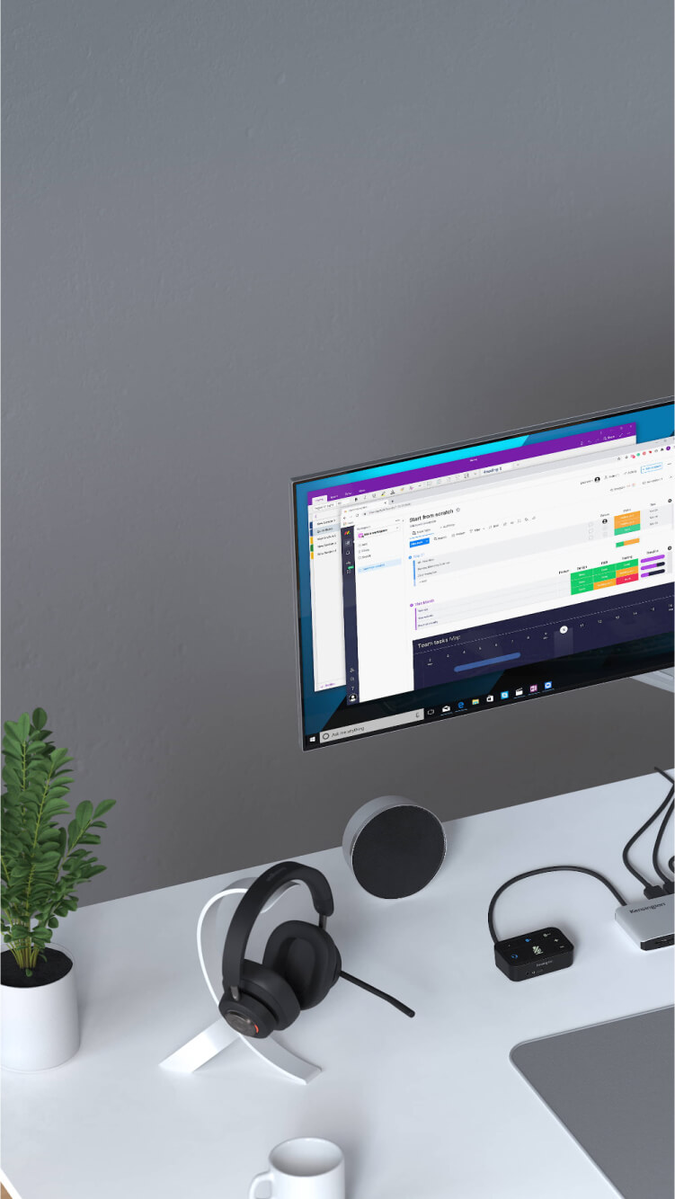 Micro-casque Bluetooth circum-aural H3000 et switch audio 3 en 1 Pro pour casques de Kensington dans le cadre d’une configuration de bureau professionnelle
                                