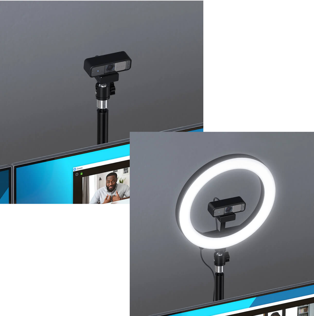 Configuration de bureau professionnelle comprenant une webcam W2050 Pro 1080p avec auto focus, un anneau lumineux bicolore L1000 avec fixation pour webcam, un support télescopique A1000 avec serre-joint et un switch audio 3 en 1 Pro pour casques de Kensington
                            