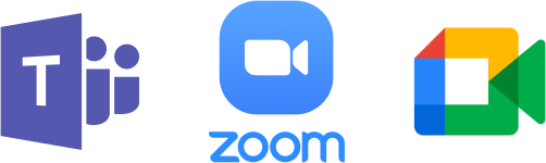 Microsoft Teams, Zoom and Google Meets icons
                                