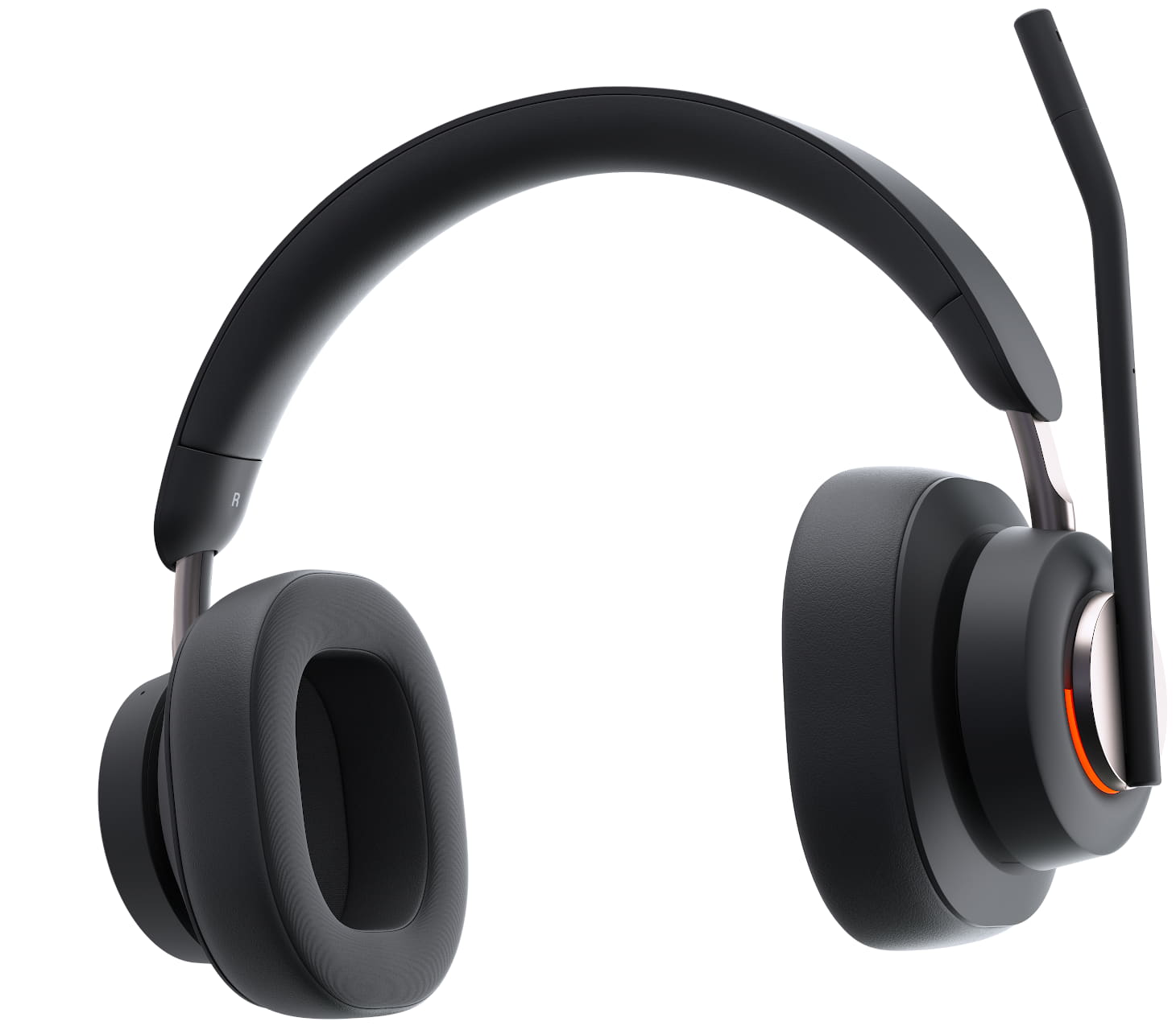 Close-up vooraanzicht van Kensington H3000 Bluetooth Over-Ear Headset met verlicht 'bezet'-lampje en microfoon in 'draaien om te dempen'-positie
                                    