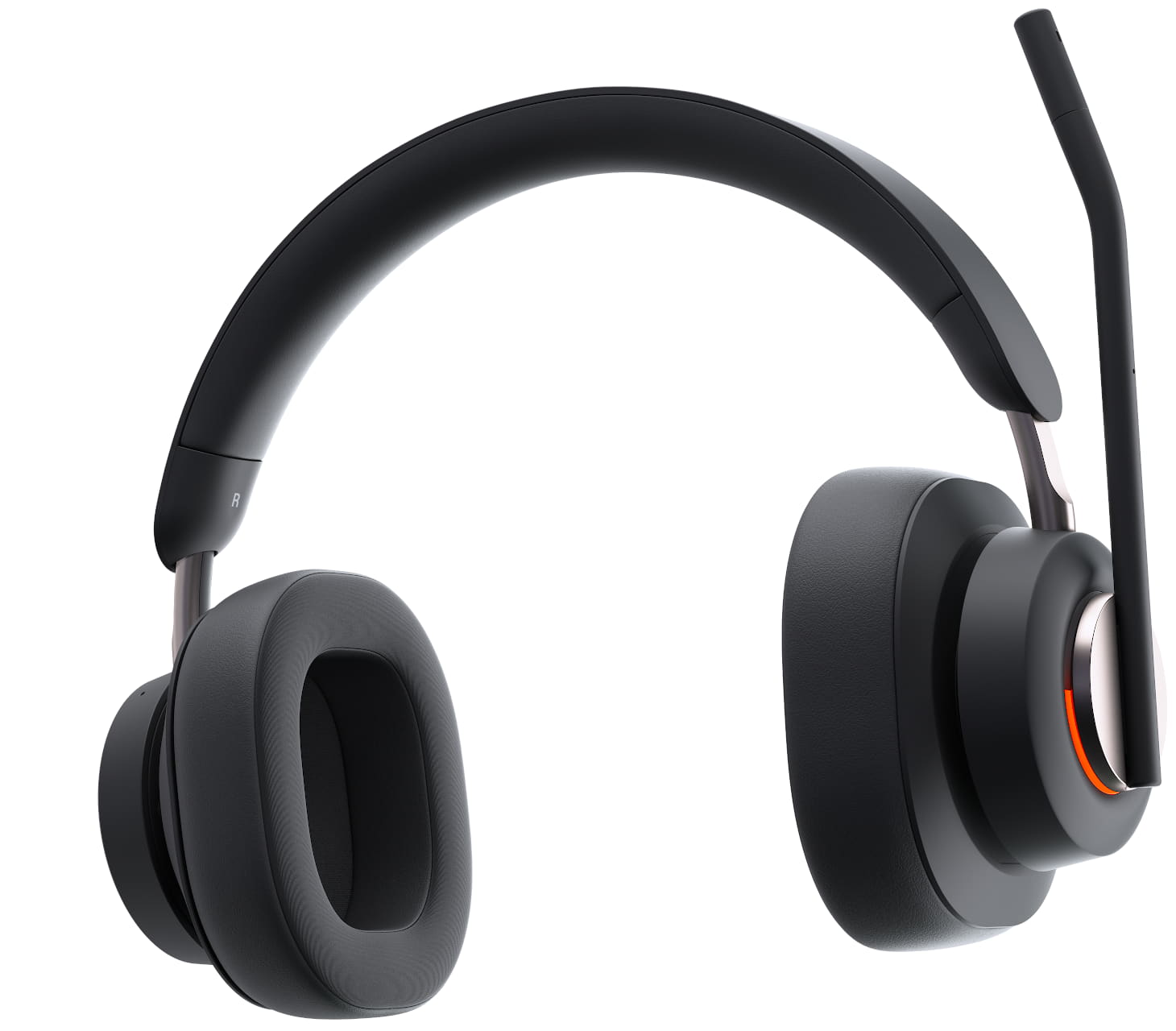 Närbild framifrån på Kensington H3000 Bluetooth Over-ear-headset med upptagetlampan tänd och mikrofonen i vänd för mute-position och höger öronkåpa expanderas för att visa tekniken
                                    