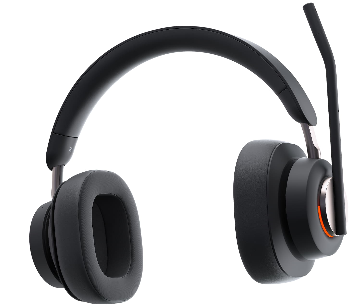 Close up front view of Kensington H3000 Bluetooth Over-Ear Headset with busy light illuminated, mic in flip-to-mute position and right ear cup expanding to show technology
                                    