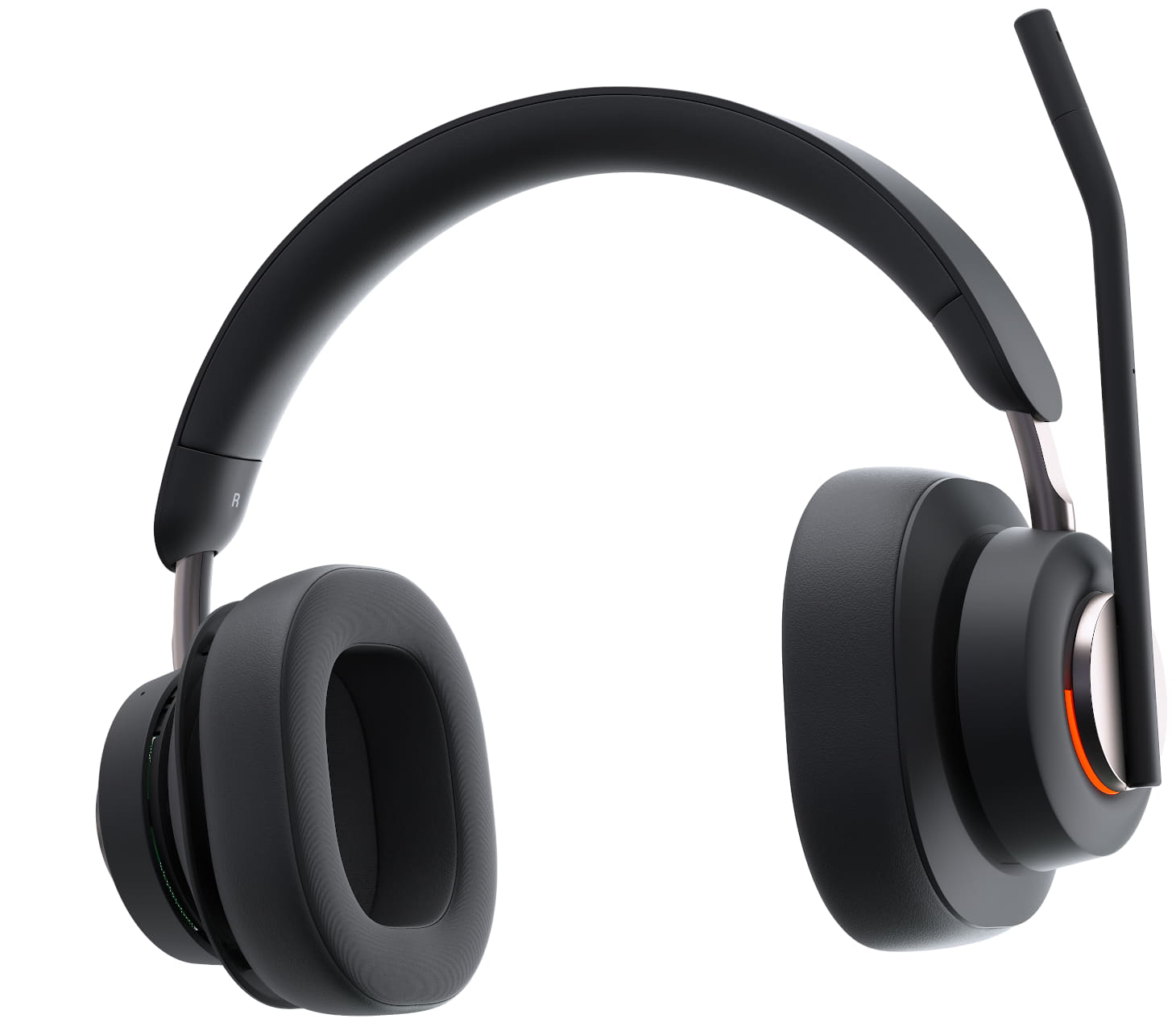 Närbild framifrån på Kensington H3000 Bluetooth Over-ear-headset med upptagetlampan tänd och mikrofonen i vänd för mute-position och höger öronkåpa expanderas för att visa tekniken